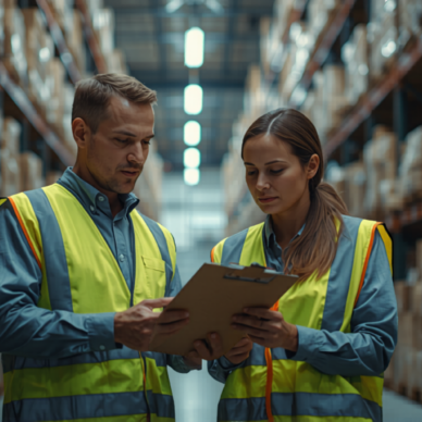Warehouse Workers Collaborating on Inventory