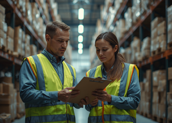 Warehouse Workers Collaborating on Inventory Warehouse Workers Collaborating on Inventory